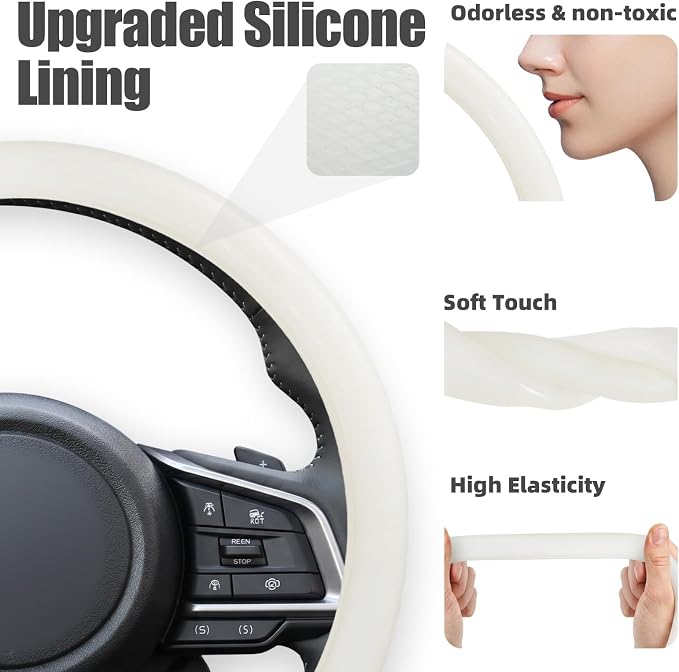 Universal Black Steering Wheel Cover, Microfiber Ice Silk Non-Slip Breathable Cooling Steering Wheel Protector with Upgraded Silicone Inner Ring Warm in Winter Cool in Summer