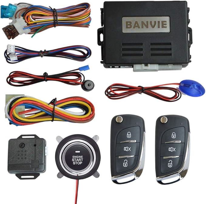 BANVIE ① Car Keyless Entry Security Alarm System + ② Remote Engine Starter + ③ Push to Start Stop Iginition Button
