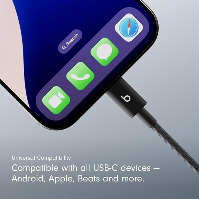 Beats USB-C to USB-C Woven Cable Fast Charging Durable/Tangle-Free Compatible Charger for Apple & Android Devices (1.5 m, 5 ft) - Bolt Black