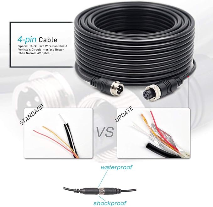 4-Pin Extension Cord for Vehicle Backup Camera, 66FT 20M Car Backup Camera Extension Cable Aviation Adapter Waterproof Shockproof for Vehicle Rearview Backup Camera Kit on Truck Trailer Camper Bus