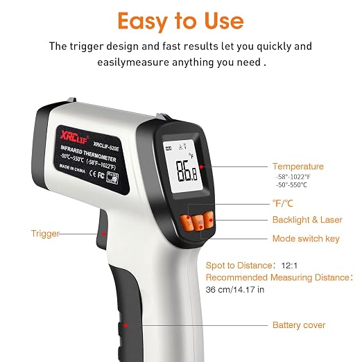 Infrared Thermometer Gun -581112, Laser Thermometer Temperature Gun with LCD Display, Ideal for Cooking, BBQ, Oven, Adjustable Emissivity