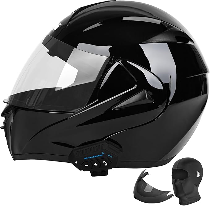 Motorcycle Bluetooth Modular Helmet, DOT Approved Dual Visor Full Face Flip Up Bluetooth Integrated Motorcycle Helmet for Adults Men and Women