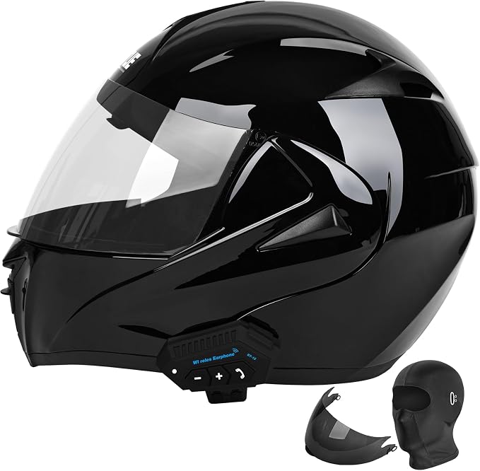 Motorcycle Bluetooth Modular Helmet, DOT Approved Dual Visor Full Face Flip Up Bluetooth Integrated Motorcycle Helmet for Adults Men and Women