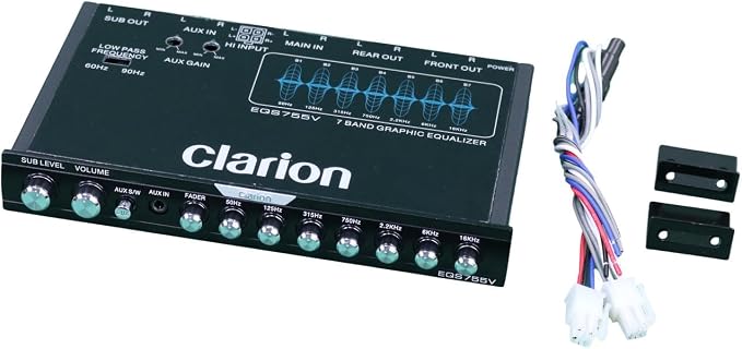 Clarion EQS755V 7-Band Car Audio 1/2-DIN Size Car Graphic Equalizer/Crossover with Front 3.5mm Auxiliary Input, Rear RCA Auxiliary Input and High Level Speaker Inputs