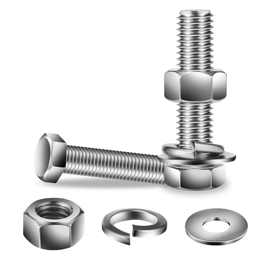 1/2-13 x 2" Hex Head Screw Bolt, Nuts, Flat & Lock Washers, 20Pcs 18-8 (304) Stainless Steel, Fully Threaded, by SG TZH