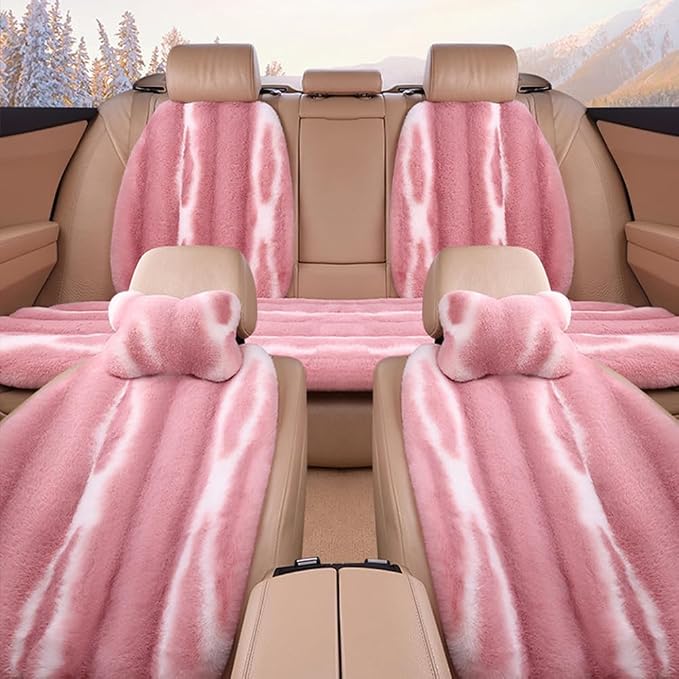 Faux Sheepskin Car Seat Cover Full Set, Fluffy Cute Pink Fur Car Seat Covers for Fuzzy Soft Auto Universal Plush Vehicle Seat Protector Pad Accessories Home and Office Chair