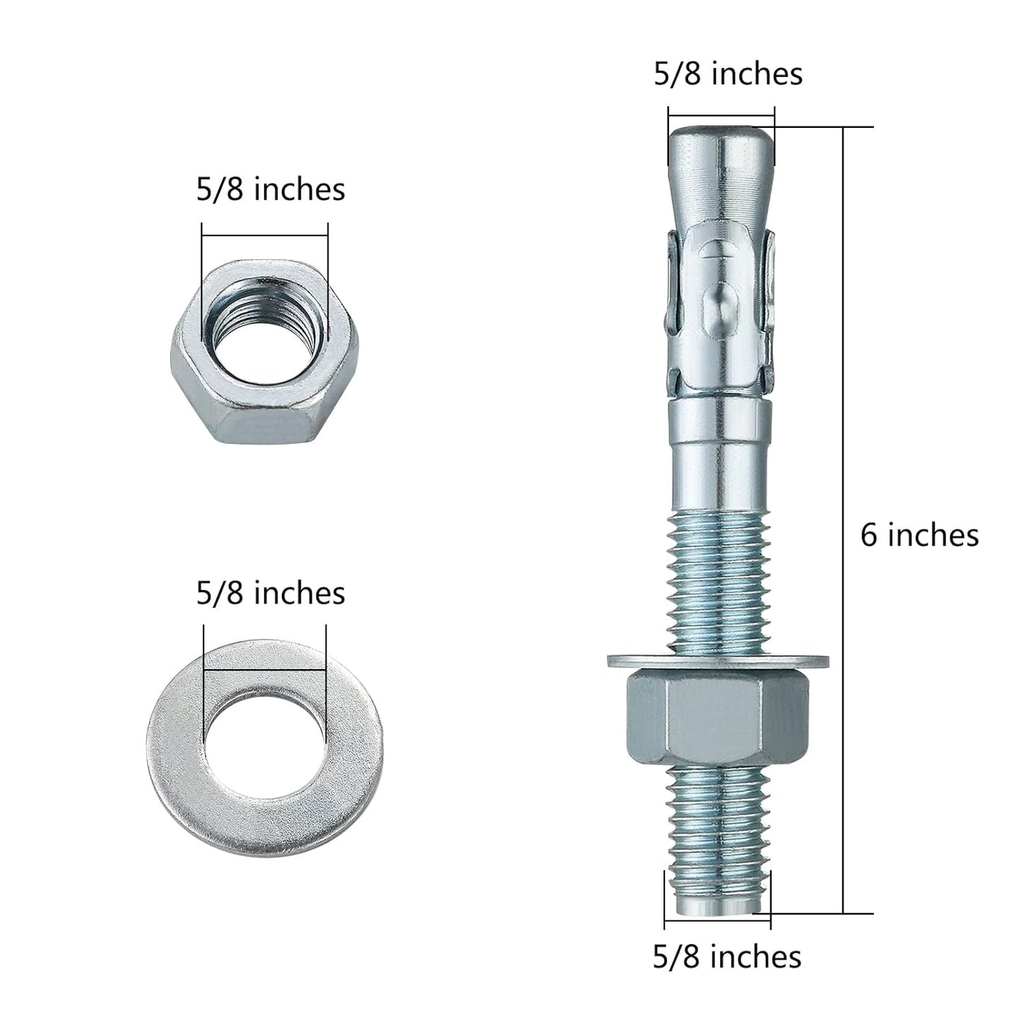 5/8x6 10Pcs Inch Standard Fasteners for Heavy-Duty Zinc Wedge Anchors for Cement and Concrete