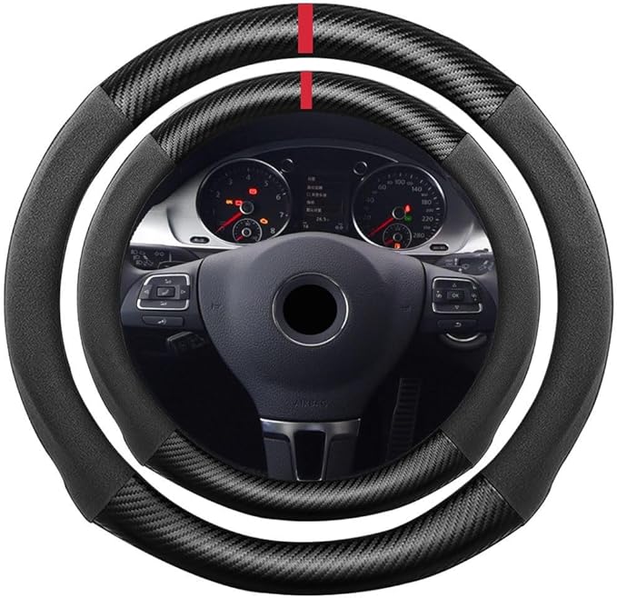 Suede Carbon Fiber Steering Wheel Cover, Compatible with Volkswagen Golf Arteon CC 15 inch Soft SuedeTouch Leather Sport Non-Slip Automotive Interior Accessories