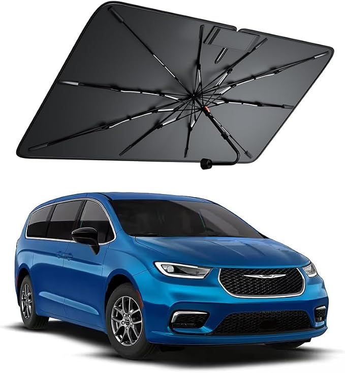 Windshield Sun Shade for Chrysler Pacifica 2004–2026, Foldable Umbrella Sunshade with 100% UV Block, Multi-Layer Heat Insulation, Reinforced 10-Rib Frame, Keeps Car Cooler Summer Car Accessory