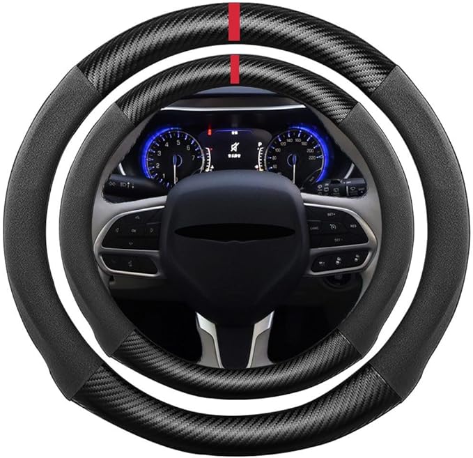 Suede Carbon Fiber Steering Wheel Cover, Compatible with 300 300C Pacifica Voyager Chrysler 15 inch Soft SuedeTouch Leather Sport Non-Slip Automotive Interior Accessories