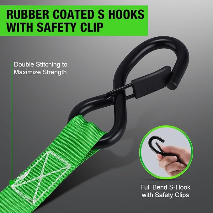 Retractable Ratchet Straps (4-Pack) - 1 Inch x 10 Feet (1,650lb Break Strength) - Heavy Duty Auto Self Retracting Tie Down Straps for Motorcycle, ATV, UTV, Truck, Cargo Trailer - Green