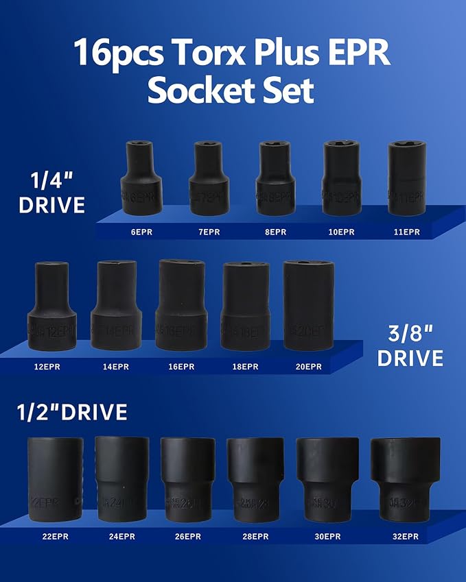 Torx Plus EPR Socket Set 5 Point EPR Socket 6EPR, 7EPR, 8EPR, 10EPR, 11EPR, 12EPR, 14EPR, 16EPR, 18EPR, 20EPR, 22EPR, 24EPR, 26EPR, 28EPR, 30EPR, 32EPR with 1/2'' 3/8'' 1/4'' Dr Socket 16pcs