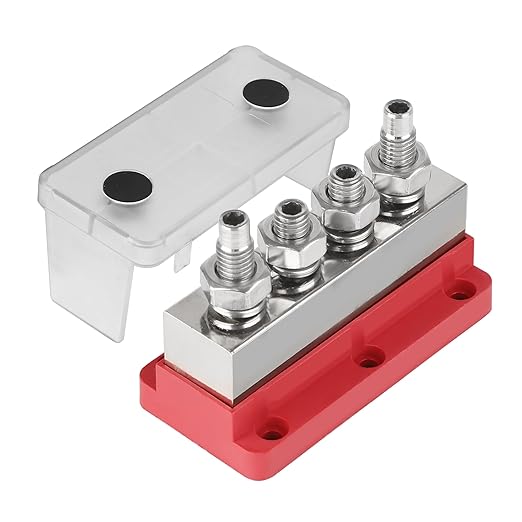 600A Bus Bar Power Distribution Block 12-48V Terminal Block 4x3/8(M10) Studs Marine Battery Bus Bar with Waterproof Cover Quick Mount for Automotive Car Boat Solar System (Red)