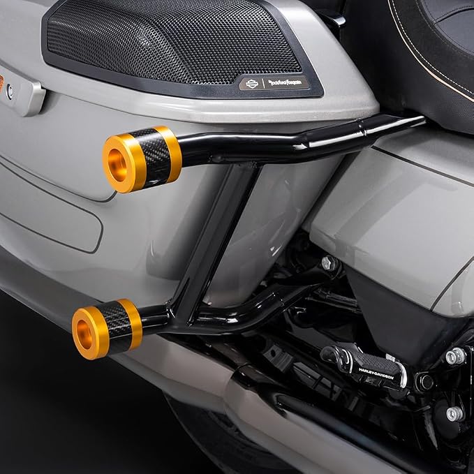 Advanblack ProTek Machined Harley Crash Bar Sliders 1.25" Decorative Wheel Rotatable End For Front Engine Guard Rear Saddlebag Guards (Gold CNC w/Carbon Inlay)