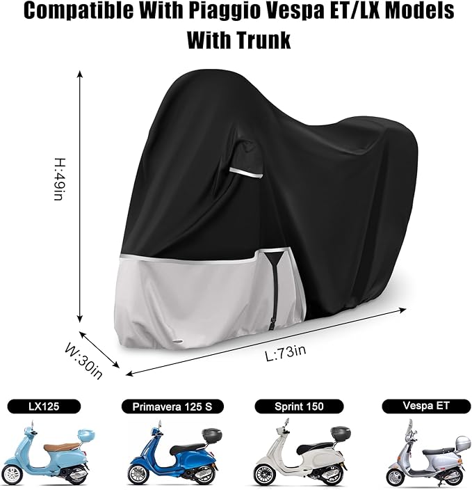 Waterproof Motorcycle Cover Compatible with Piaggio Vespa ET2 ET4 LX150 LXV and Sprint 150, Primavera 50/150 with Trunk Model, 420D Oxford Cloth Motorcycle Cover for Snow Rain Dust Protection