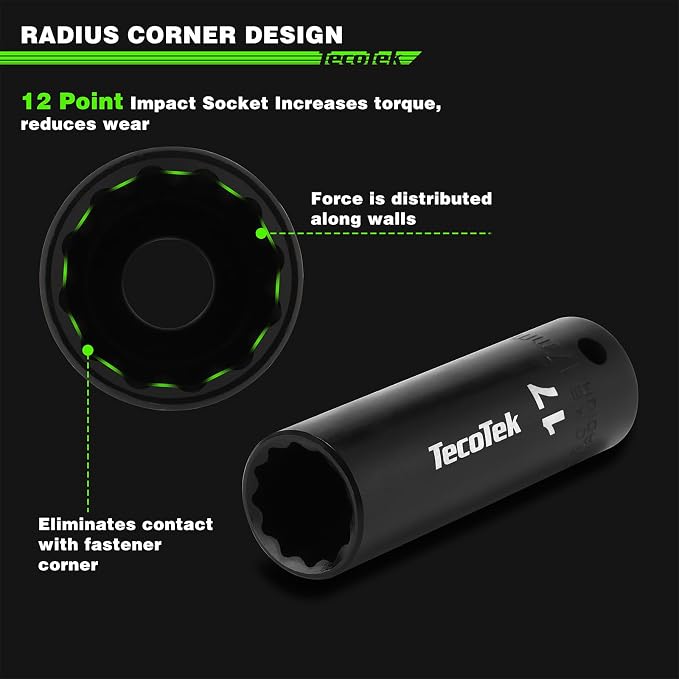 TecoTek 1/2" Drive Deep 12-Point Impact Socket Set, 32-Piece Socket Set, SAE 3/8-1-Inch and Metric 10-24mm Size, Includes Extension Bars, Universal Joint and Adapter, CR-V Steel