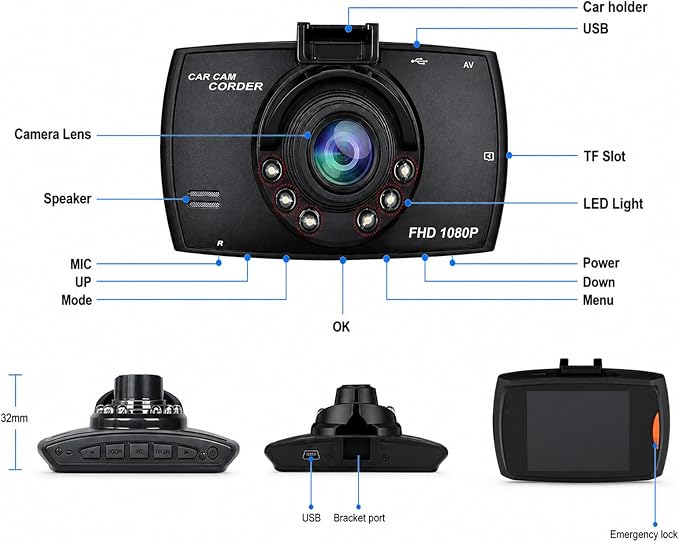 2.4-inch 1080p High-Definition Dash cam for Cars with Super Night Vision, 24-Hour Video Recording, 120° Large Wide-Angle, G-Sensor Parking Monitoring Loop Video Motion Detection
