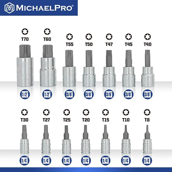 MichaelPro 16-Piece Torx Bit Socket Set with Rail, 1/4'', 3/8'' and 1/2'' Drives, T8 - T70, High Torque Resistant S2 Steel, Socket Adapters and Rail Organizer Included - MP012022