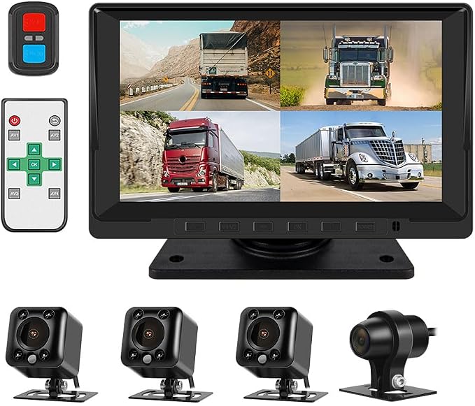 VSYSTO 4CH Backup Camera, 7'' Monitor 1/2/3/4 Split Screen Display Truck Dash Cam Vehicle DVR 720P Front & Sides & Rear Camera Infrared Night Vision Lens for Semi Trailer Van Tractor RV (Black-X7H)