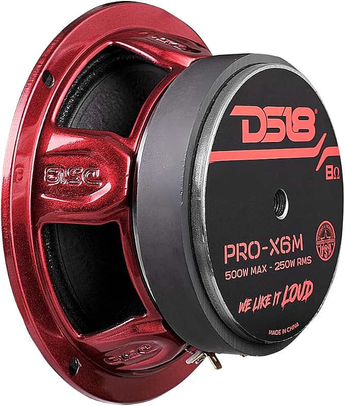 DS18 PRO-X6M Loudspeaker - 6.5", Midrange, Red Aluminum Bullet, 450W Max, 225W RMS, 8 Ohms - Premium Quality Audio Door Speakers for Car or Truck Stereo Sound System (1 Speaker), Classic