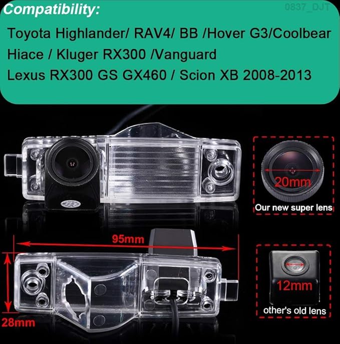 Super HD 1280x720 Pixel Car Backup Camera License Plate Rear View Camera for Toyota Highlander/ RAV4/BB/Hover G3/Coolbear Hiace/Kluger RX300 Nanguard/Lexus RX300 GS GX460/Scion XB 2008-2013
