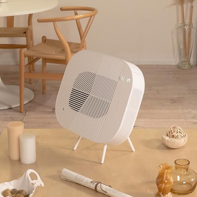 KOMMA Lov Air Purifier for Bedroom, 3.1 inch Slim Wall mount & Stylish Standing type, Hepa Filter Air Cleaner, Remove Fine Dust, Smoke. (CreamWhite with Cradle)