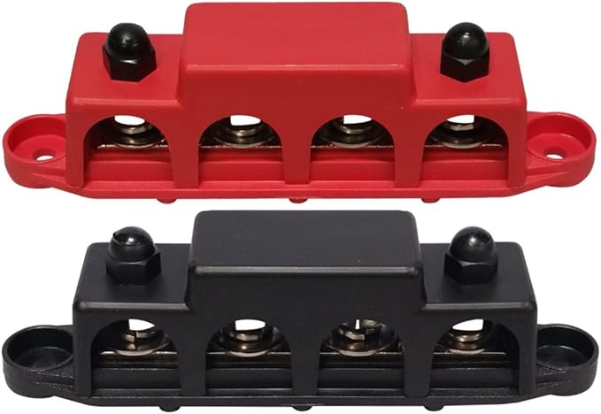 (Red & Black) 5/16" 4 Stud Bus BAR Power Distribution Block - Made in The USA - for Marine Battery Terminals, 12v Power and Ground Distribution Blocks - Terminal Block for Battery Terminals - BusBar