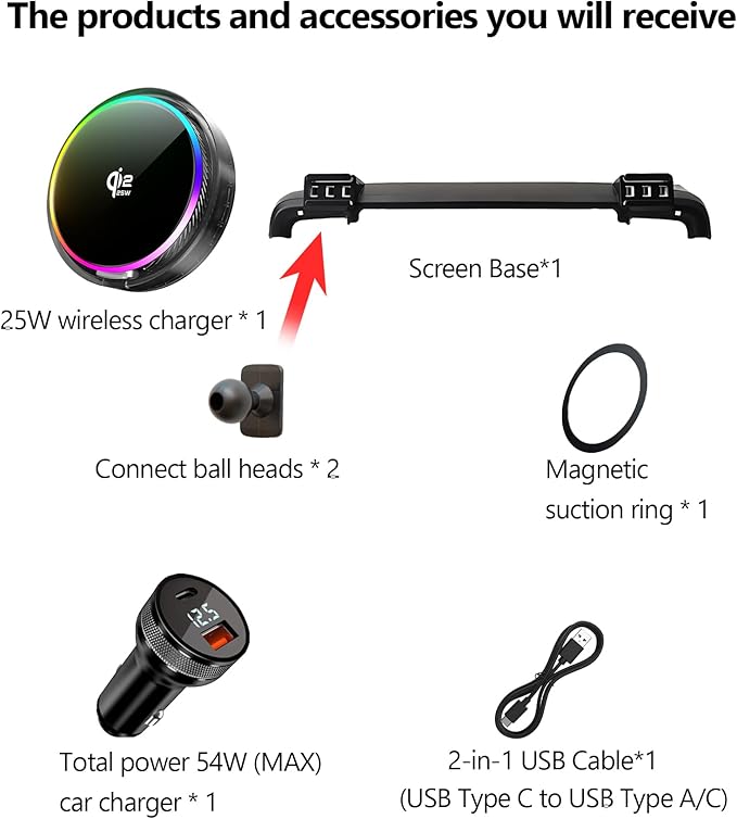 Qi2.2 25W Magnetic Car Mount Charger for Ford Ranger 2023 2024 2025 2026 Accessories, for Fast Charging Cell Phone Holder 12.1 Inch Screen Fixed Clip with Cooling Fan＆54W Fast Adapter