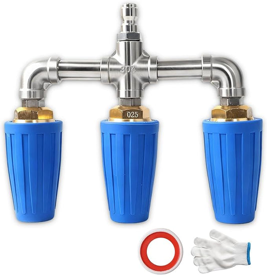 Triple Turbo Nozzle Pressure Washer, Triple Pressure Washer Nozzle, 360° Rotating 4000 PSI Turbo Nozzle with 1/4" Quick Connector 2.0 Orifice, 304 Stainless Steel for Driveway/Deck Clean(Blue)