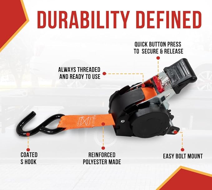 Mytee Products 4 Pack 1''x10' Bolt on Orange Retractable Ratchet Straps for Cargo - Coated S Hook Auto Retract Ratchet Straps - Self Ratcheting Strap for Boat Tie Down to Trailer & Jet Ski, ATVs