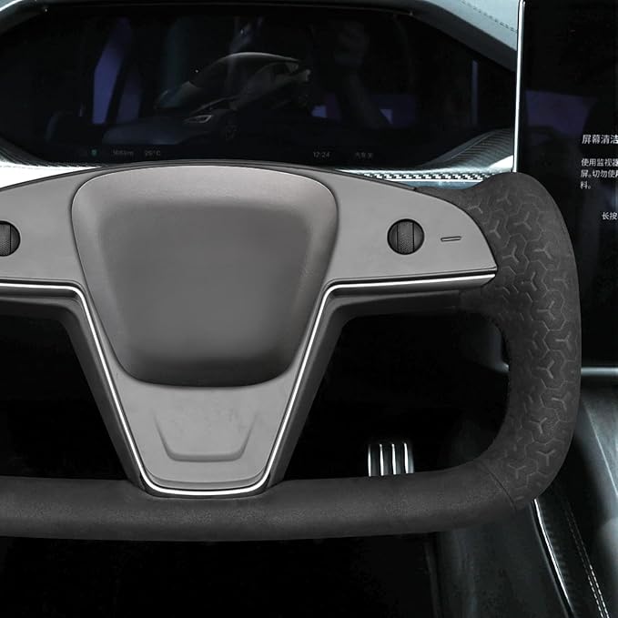 MEWANT Hand Stitch Black Smooth Geometric Embossed Suede Steering Wheel Cover for Tesla Yoke Model S 2021-2023 Model X