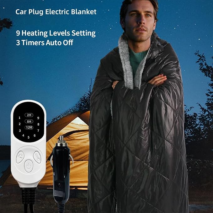 12V Electric Car Plug Heated Blanket - 70.8"x57" Heating Blanket for Car, Outdoor Plush Blanket,Camping Blanket, Overheat Protection 9 Heating Levels and 2,8,12 Hours Auto Off