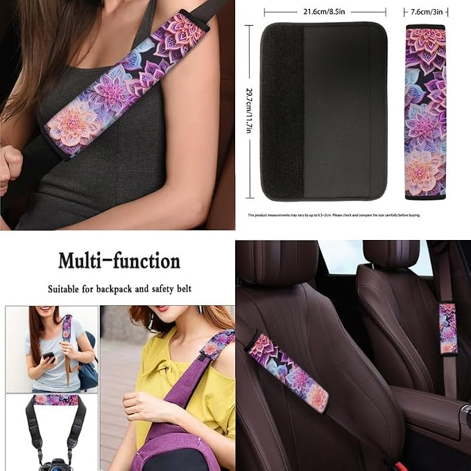 Bohemia Lotus Mandala Purple 13 Pieces Seat Covers Accessories Boho Flower Fractal Art Steering Wheel Cover Seat Cover Full Set Seat Belt Shoulder Pad Car Cover for Truck