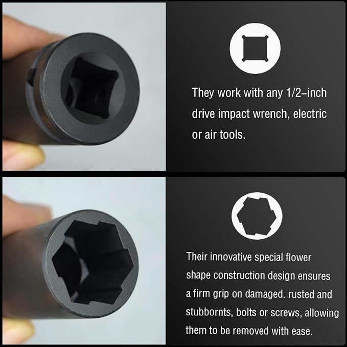 3PCS Twist Lug Nut Socket Set - 1/2 inch Drive Damaged Wheel Nut Lock Remover Extractor - Rusted & Stubborn Locking wheelNut Removal Tool Kit with Metric 17mm 19mm 21mm Sockets
