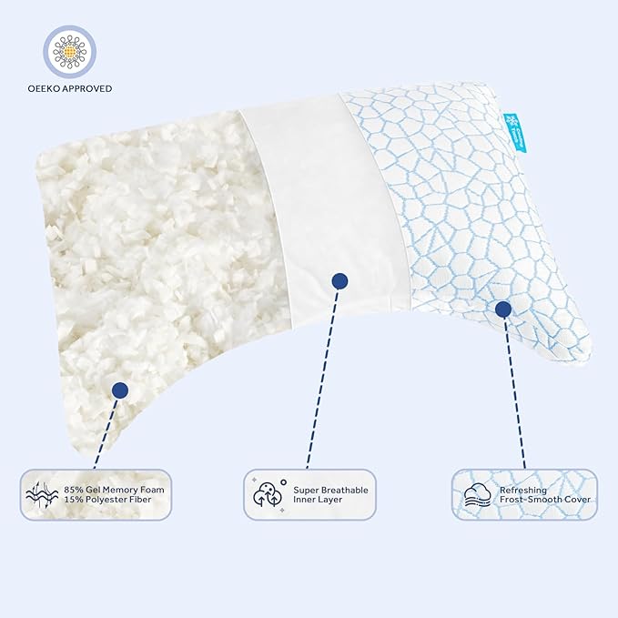 King Cooling Side sleeper pillow for adults, Curved neck support pillow for neck and shoulder pain Relief, Adjustable Shredded Memory Foam Bed Pillow 1 Pack with Additional Foam Fill Included (White)