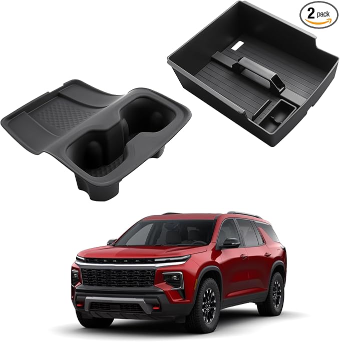 2026 Traverse Center Console Organizer - 2 Pcs Center Console Organizer Tray With Center Handle + Integrated Molding Silicone Cup Holder With Charging Pad For 2024-2026 Chevy Traverse Accessories