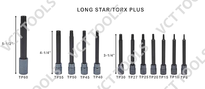 VCT 60PC Master Deep Long 6-Point Star Plus Socket Bit, Tamper Proof, Torx, and External Star/E-Torx Deep Socket Set