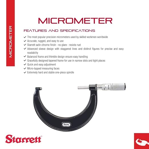 Starrett Outside Micrometer with One-Piece Spindle, Satin Chrome Finish and Advanced Sleeve Design - Quick and Easy Adjustment, 3-4"Range, .0001" Graduations - T436.1XFL-4