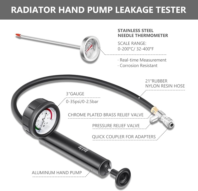 DNA MOTORING 28pcs Radiator Coolant Pressure Tester Vacuum Refill Tool Kit for Most Vehicles,with Carrying Case,Red,TOOLS-00315
