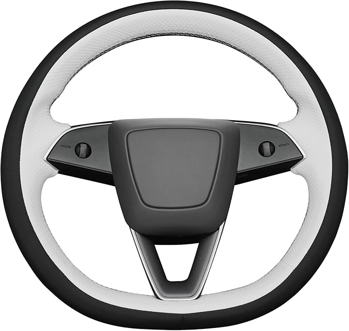 MEWANT Hand Stitch Black White Faux Leather Steering Wheel Cover Wrap for Tesla Model 3 Highland 2025 Model Y Juniper