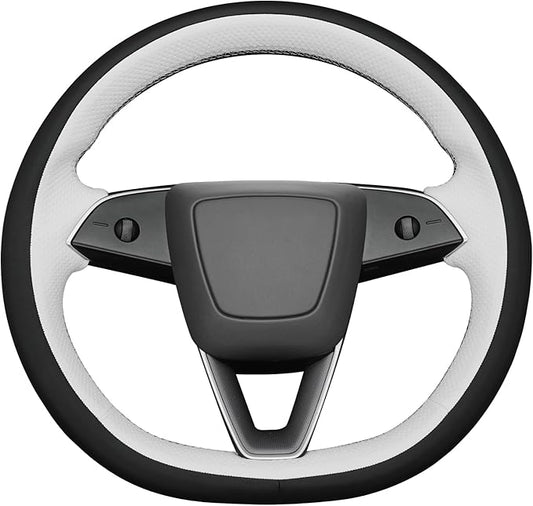 MEWANT Hand Stitch Black White Faux Leather Steering Wheel Cover Wrap for Tesla Model 3 Highland 2025 Model Y Juniper