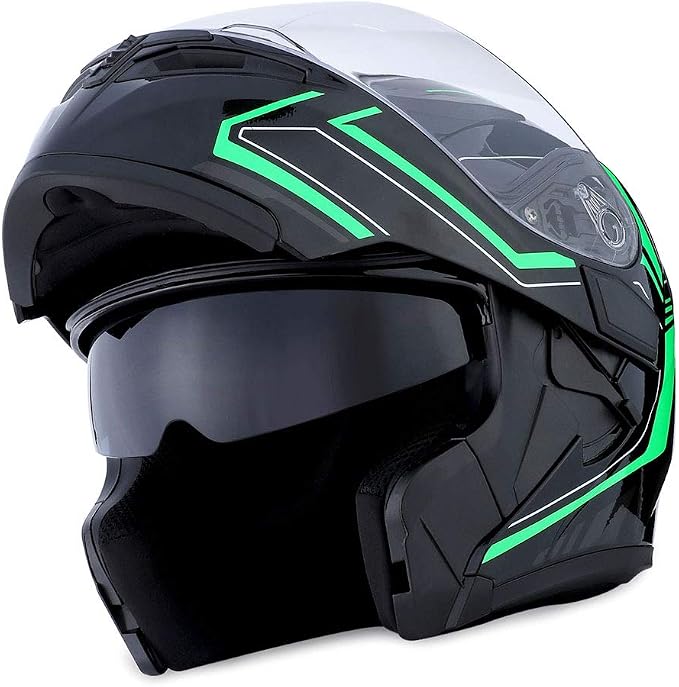 1Storm Motorcycle Modular Full Face Helmet Flip up Dual Visor Sun Shield: HB89 Arrow Green