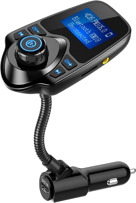 Nulaxy KM18 Bluetooth 5.4 Car Adapter with 1.44" Clear Display & Flexible Gooseneck - FM Radio Transmitter & Bluetooth Receiver for Hands-Free Calls, Wireless Music via BT/FM/AUX/TF, USB Car Charger