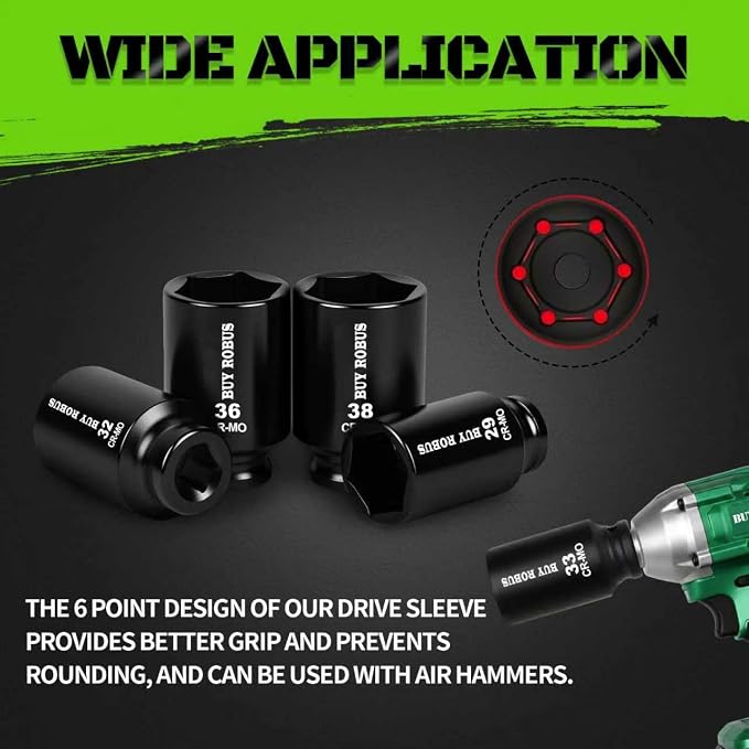 1/2" Drive Impact Socket Set, 9-Piece Metric Deep Axle Nut Sockets, 6-Point, Cr-Mo, 29mm, 30mm, 31mm, 32mm, 33mm, 34mm, 35mm, 36mm,38mm