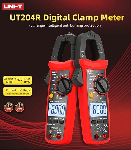 UNI-T UT204R Digital Clamp Meter True RMS 600A AC/DC Current Clamp, Measures Voltage Capacitance Resistance Frequency Temperature, CAT III 600V, Portable Compact Design