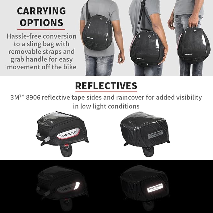 ViaTerra OXUS MOTORCYCLE TANK BAG (STRAP BASED) |13L Capacity | Converts to Backpack, Scratch-Free Base, EBC Net, External Rain Cover | Universal Fit for Touring & Adventure Riding