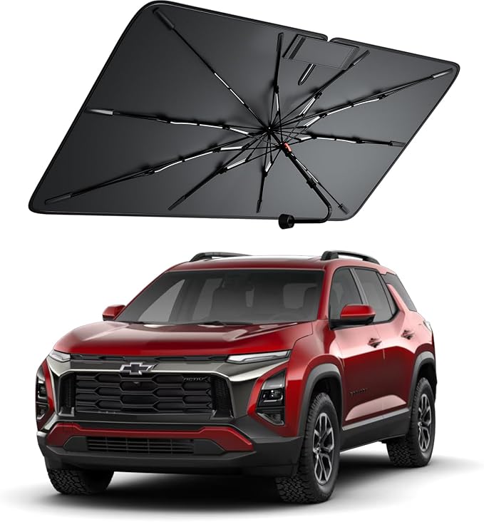 Windshield Sun Shade for Chevr Equinox 2005–2026, Foldable Umbrella Sunshade with 100% UV Block, Multi-Layer Heat Insulation, Reinforced 10-Rib Frame, Keeps Car Cooler, Summer Car Accessory