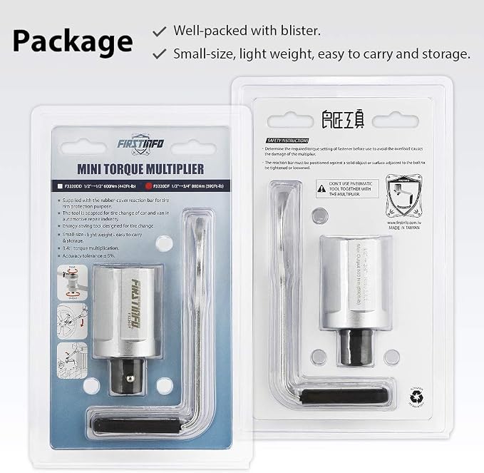 FIRSTINFO F3220DF - 800 N.m. (590 Ft-lbs) Manual Torque Multiplier 3.4:1 Wrench, 1/2 inch Drive (Female/Input) to 3/4 inch Drive (Male/Output) Adaptor, Max. 800 Nm Lug Nut/Labor Saving Tool