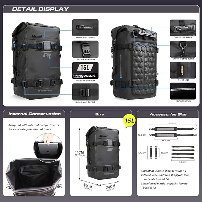Rhinowalk Motorcycle Tail Bag Motorbike Side Bag 15L Full Waterproof Motor Saddle Pannier Bag Rear Rack Trunk Professional Motor Accessories-Black