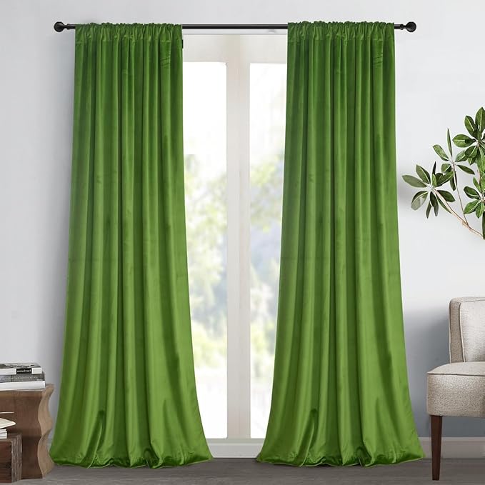 Roslynwood Luxury Soft Fresh Green Velvet Curtains 72 inches Long Back Tab Thermal Insulated Blackout Window Drapes for Living Room/Bedroom/Dining Room, W52 x L72, 2 Panels